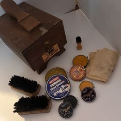 Vintage Wooden Shoe Groomer with Brushes and Polish