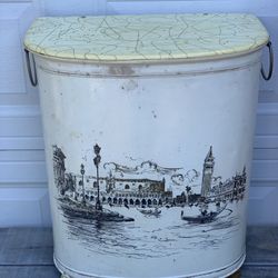 Vintage Pearl-Wick Laundry Hamper 1950s Metal Wicker Venice Scene Atomic Lid Bra