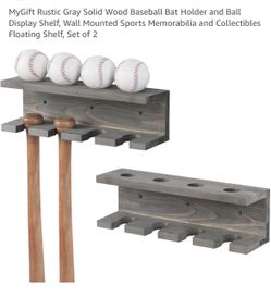 NEW MyGift Rustic Gray Wood Baseball Bat & Ball Display Shelves – Set of 2