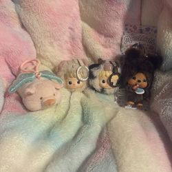 Plush Keychain Lot, Brand New Monchichi, Lulu Piggy, Hacipupu Aries And Taurus,
