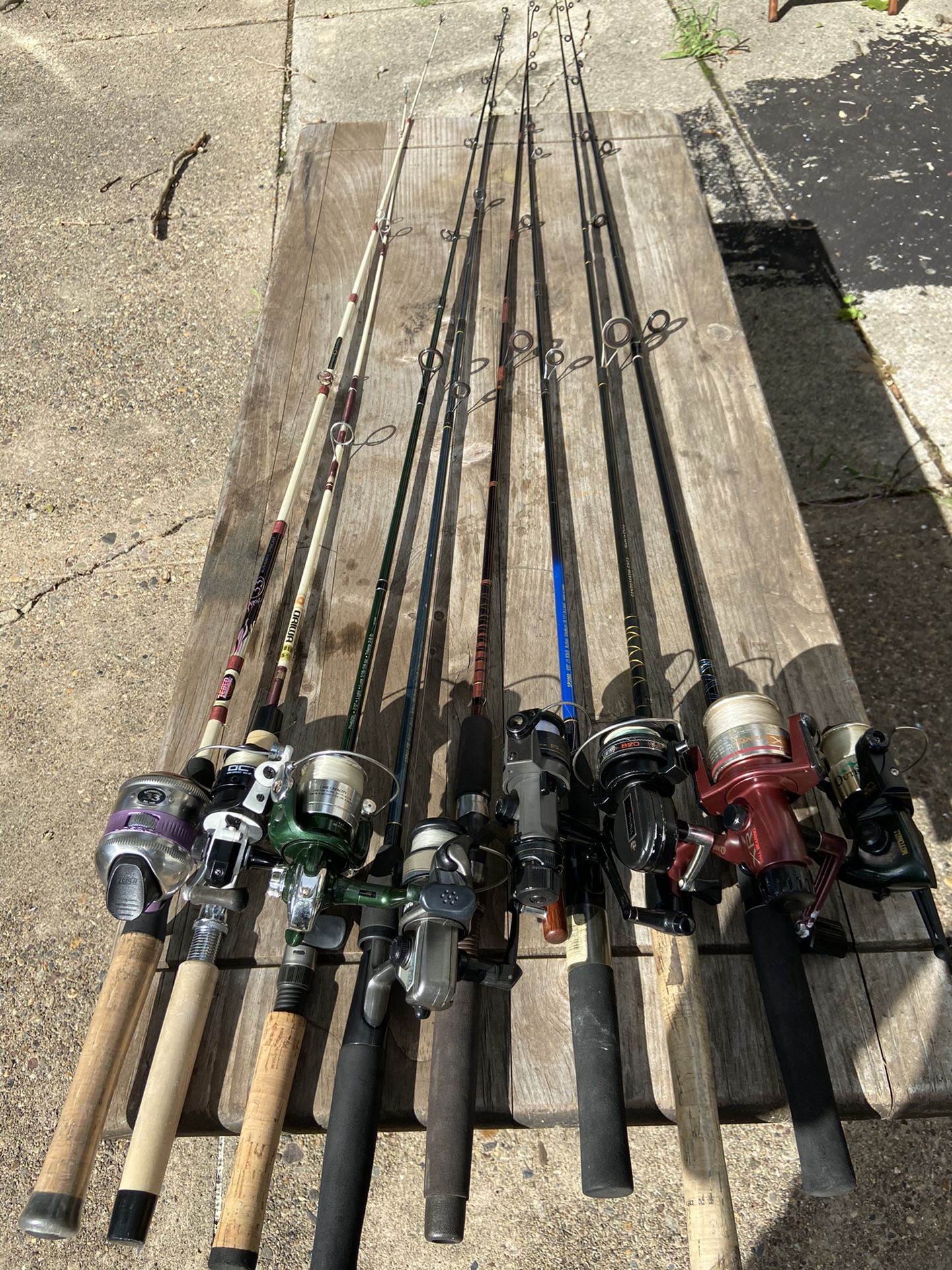 Various types of fresh water fishing rods, reels and lines combos. $35 each.