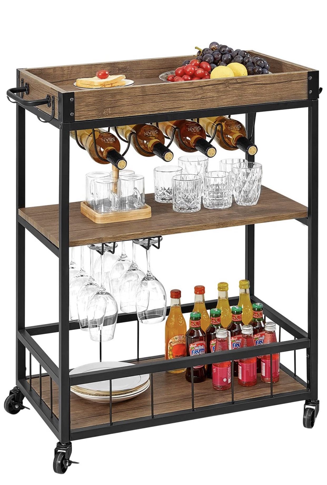 kealive Bar Cart for Home Mobile Metal Wood Wine Cart on Wheels with Handle Rack, Glass Holder, 4 Hooker Removable Wood Box Container, Industrial Rus