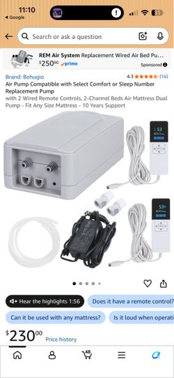REM  Air Pump Compatible with Select Comfort or Sleep Number Replacement Pump with 2 Wired Remote Controls, 2-Channel Beds Air Mattress Dual Pump - Fi