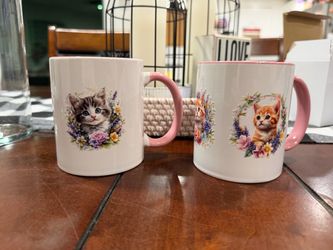 Kitten Floral Ceramic Coffee Mugs Set of 2