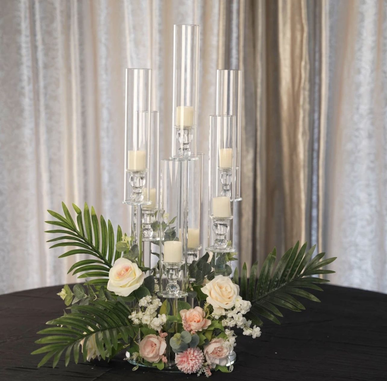 33" Tall , 7 Arms Clear Crystal Cluster Round Candelabra