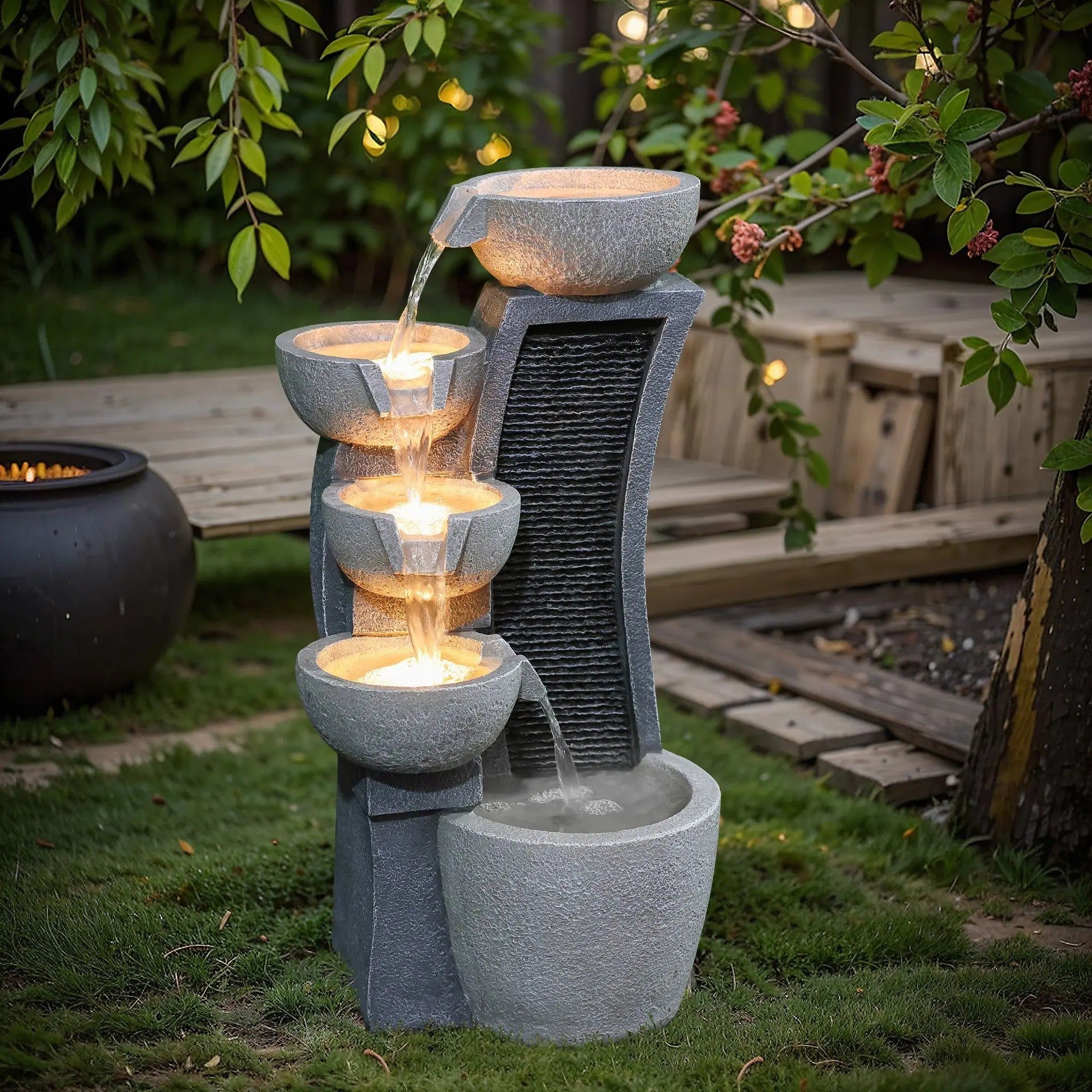 26 in. 5-Bowl Multi-Gray Modern Sculpture Resin Waterfall Fountain with Lights F2307