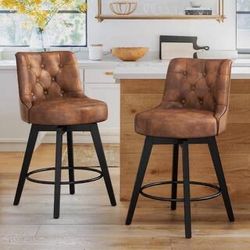 Whiskey Brown Leather Swivel Barstool Set Of 2 