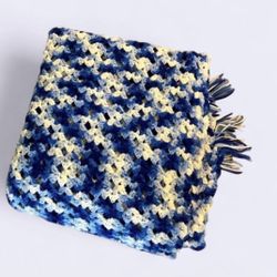 Vintage Handmade Blue Crochet Blanket Granny Throw Blanket