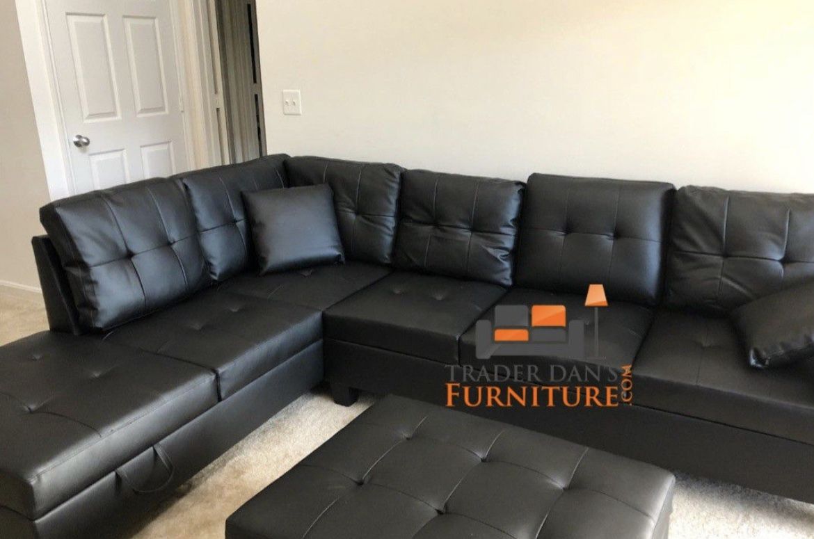Black Leather Sectional Sofa Couch With Ottoman