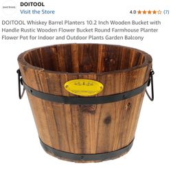 DOITOOL Whiskey Barrel Planters 10.2 Inch Wooden Bucket with Handle Rustic Wooden Flower Bucket Round Farmhouse Planter Flower Pot for Indoor and Outd