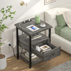 New Set of 2 Nightstand Tables With Charging Station End Table with USB Ports with Drawer Storage Shelf Night Stands for Bedroom Living Room
