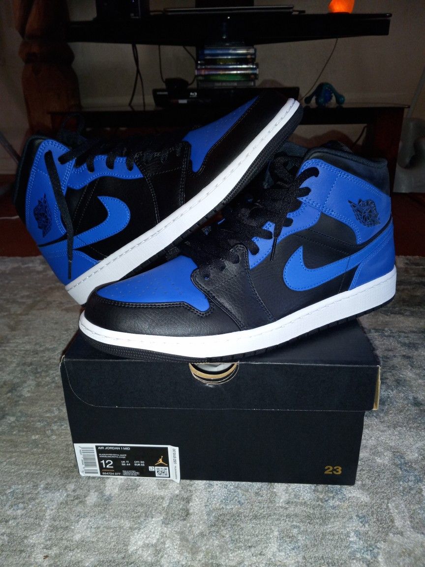 Nike Air Jordan 1 Retro Mid "Hyper Royal" Blue "Tumbled Leather" Size 12 Men's Brand New Deadstock DS