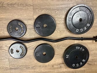 BRAND NEW 5 ft Silver Standard Bar & VINTAGE Weight Plates: 25s, 10s And 5s. (Total: 97 lbs)