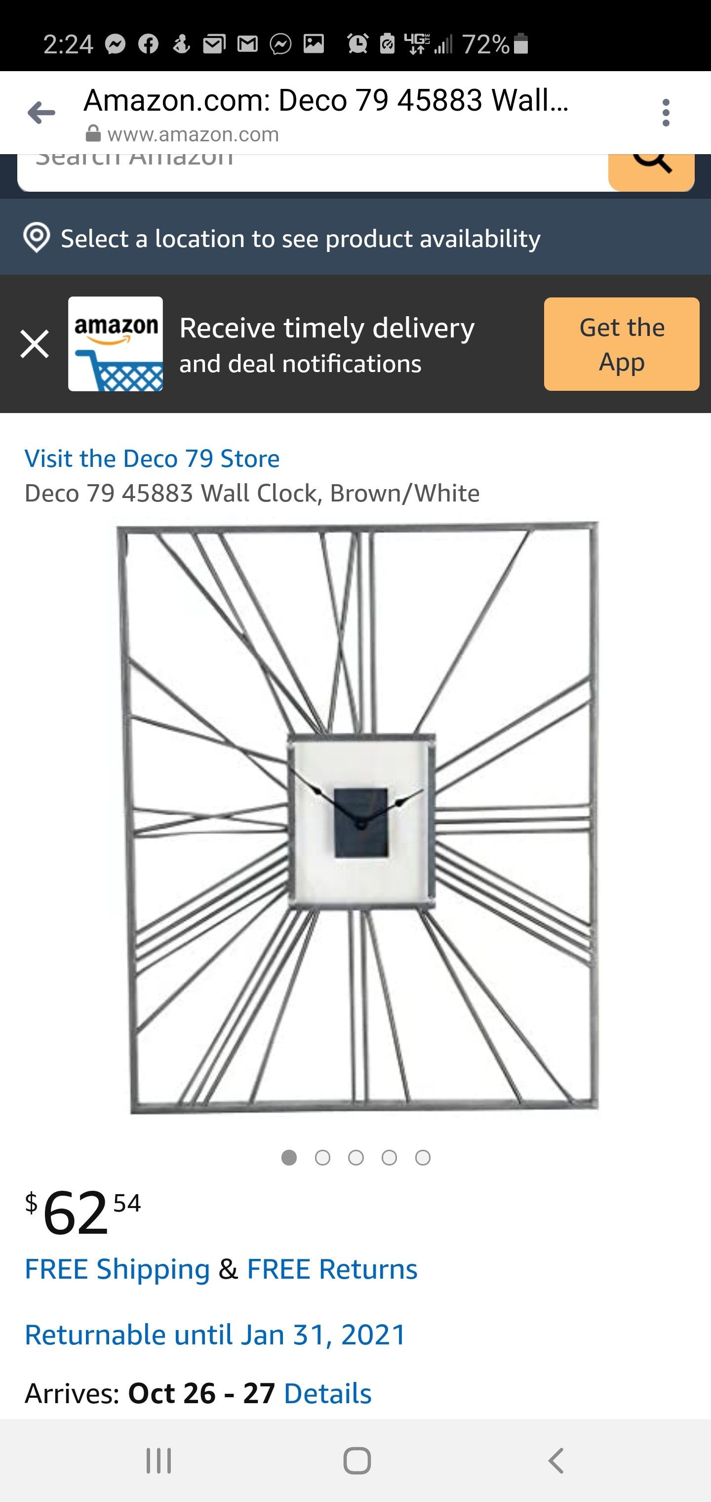 Deco 79 45883 Wall Clock, Brown/White
