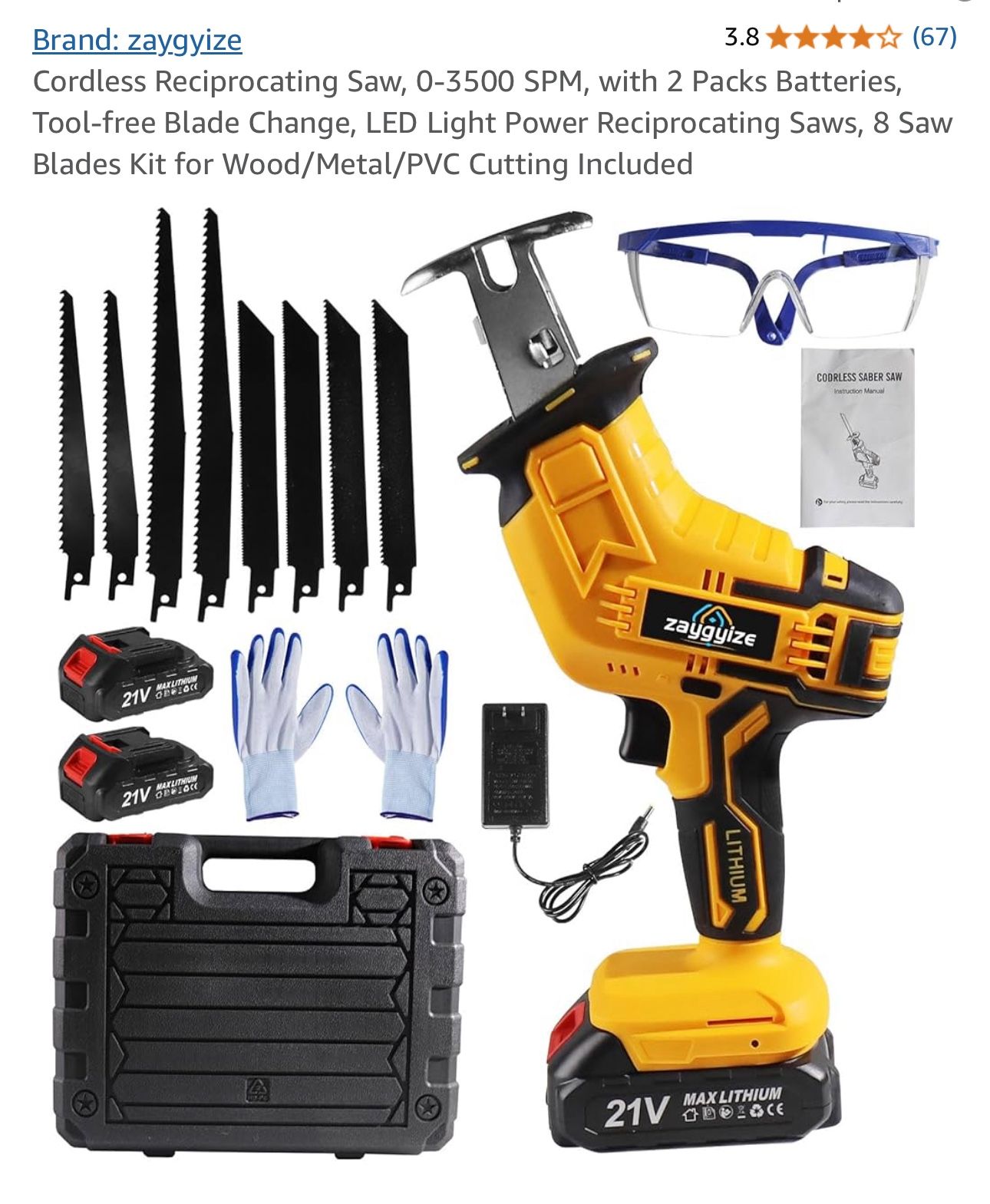 Cordless Reciprocating Saw, 0-3500 SPM, with 2 Packs Batteries, Tool-free Blade Change, LED Light Power Reciprocating Saws, 8 Saw Blades Kit for Wood/