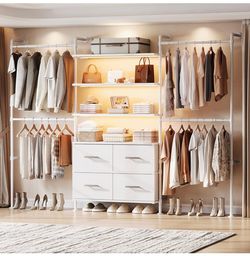 T3 Closet System with Stepless Dimmable LED Light, Industrial Pipe Clothing Rack with 4 Drawers, 6 Wooden Shelves & 4 Telescopic Rods, Heavy Duty Clos