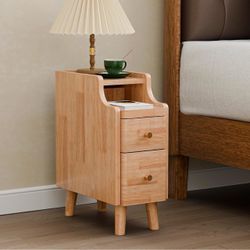 Narrow Nightstand with Drawers, 19.7" H Pre-Assembled Solid Wood Small Skinny Night Stand with Open Sliding Shelf, Mid Century Modern Slim Bedside Tab