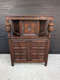 Antique Jacobean Revival Carved Oak Court Cupboard