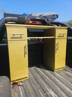 Yellow-Green Desk with Storage Cabinets