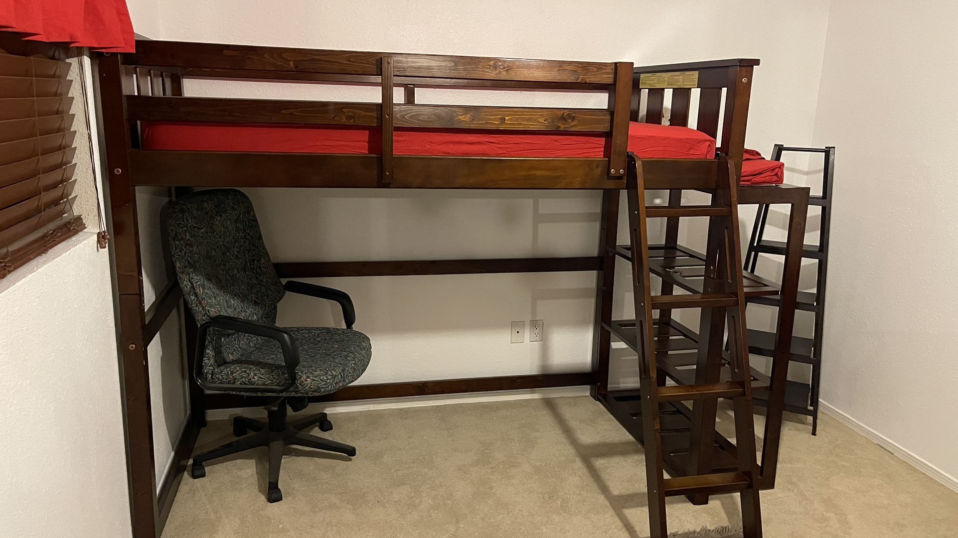 Wood Loft Bed With Mattress And Attached Book Shelf And ladder