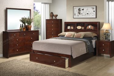 Brand new CA King or King platform bed with storage footboard and shelved headboard, mattress is extra