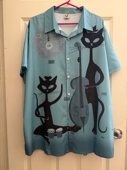 Men's XL Retro Mid-Century Atomic Jazz Cat Hawaiian Button Down Shirt
