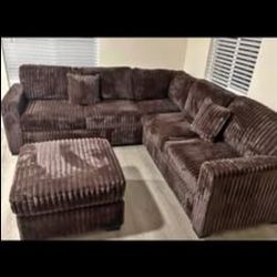 Brown Color Corduroy Sectional Sofa with ottoman