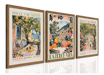 Italy Travel Wall Art Set of 3, Amalfi Coast Wall Decor, Trendy Italian Food Kitchen Poster Canvas Prints, Vintage City Landscape Artwork for Dining R