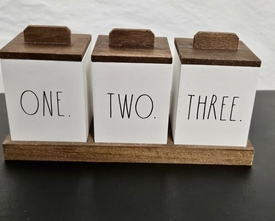 Rae Dunn Wooden Organizer Set of 3 Lidded Boxes W/ Tray White Bathroom/Kitchen