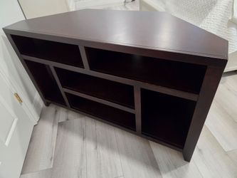 Dark Wood Corner TV Stand with Open Shelves