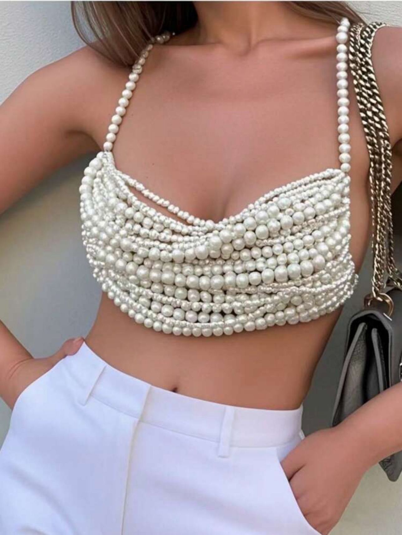 READY FOR BUY 1Pc High Quality Luxury Layered Pearl Women's Camisole Top Hand Knott ed Fashion Sexy Pearl Body Chain