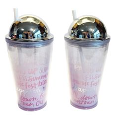 Starbucks 2014 Pair of Frosted Pink “Frappucino” Lover Silver Dome Lid Cold Cups