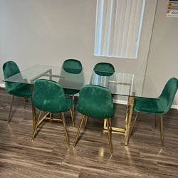 Big Gold Dining Table And 6 Emerald Green Chairs