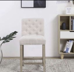 Wooden Linen Tufted Counter 24" Bar Stool Chair, Accent Nail Trim Barstool