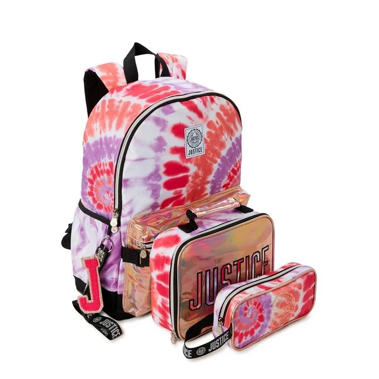 Justice Girls Laptop Backpack With Lunch Tote and Pencil Case, 3-Piece Set Metallic Print Pink Tie Dye. 🏫📚 Back To School