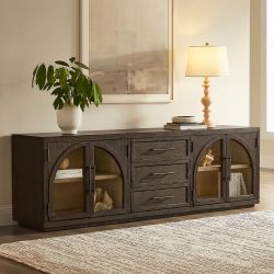 80 inch Dark Brown Oak TV Stand with Arched Glass Door