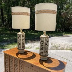 Matching Pair Of Mid Century Modern Lamps With Original Barrel Shades