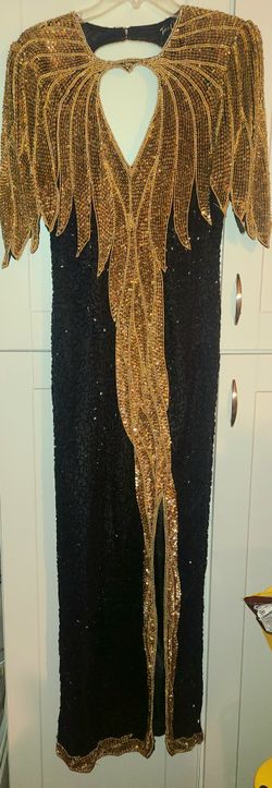 Vintage, Long Formal Black n Gold Sequence n Beaded Dress