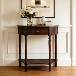 23.6in Half Moon Console Table Solid Wood Vintage Entryway Table with Storage Drawer Small Hallway Table for Entryway Half Round Foyer Tables Walnut E