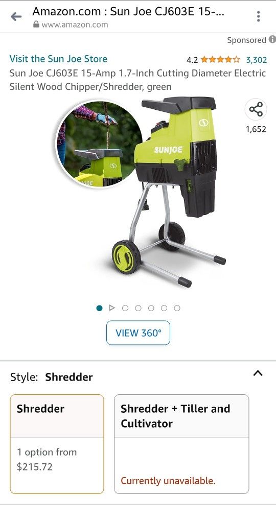 Sun Joe CJ603E 15-Amp 1.7-Inch Cutting Diameter Electric Silent Wood Chipper / Shredder / Mulcher, green