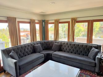 Black Velvet Tufted L-shaped Sectional Sofa Couch
