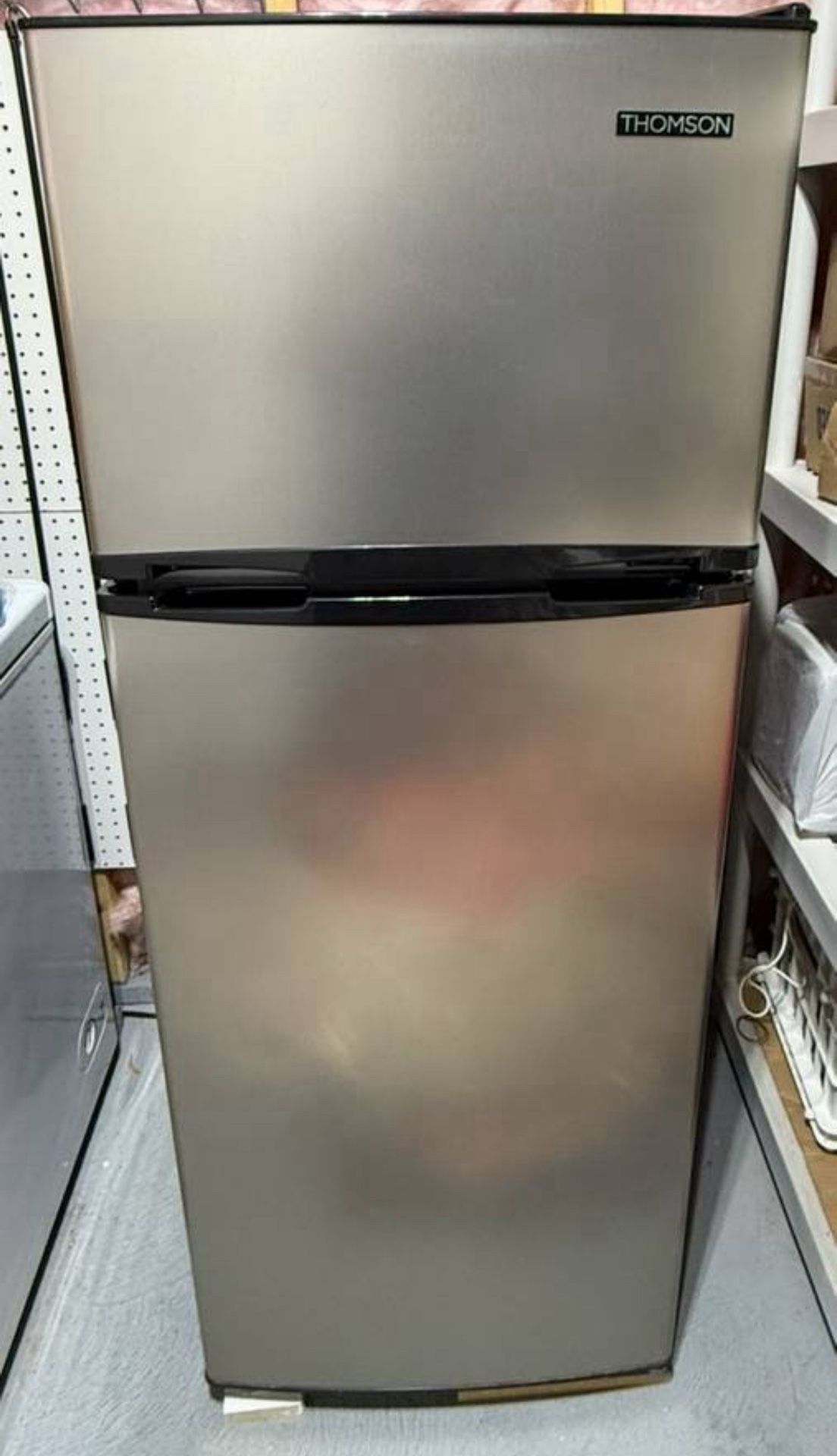 Thomson 2-Door Apartment Size Refrigerator with Freezer and Rounded Chrome Corners, 7.5 cu. ft, Platinum, Stainless