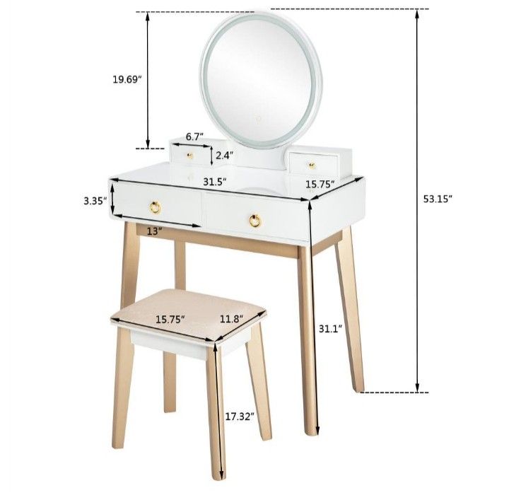 Complete Vanity Table Set with Mirror, Drawers, Stool and Touch Screen Lights