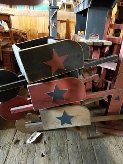 Amish made Primitive star large wheel barrels planters