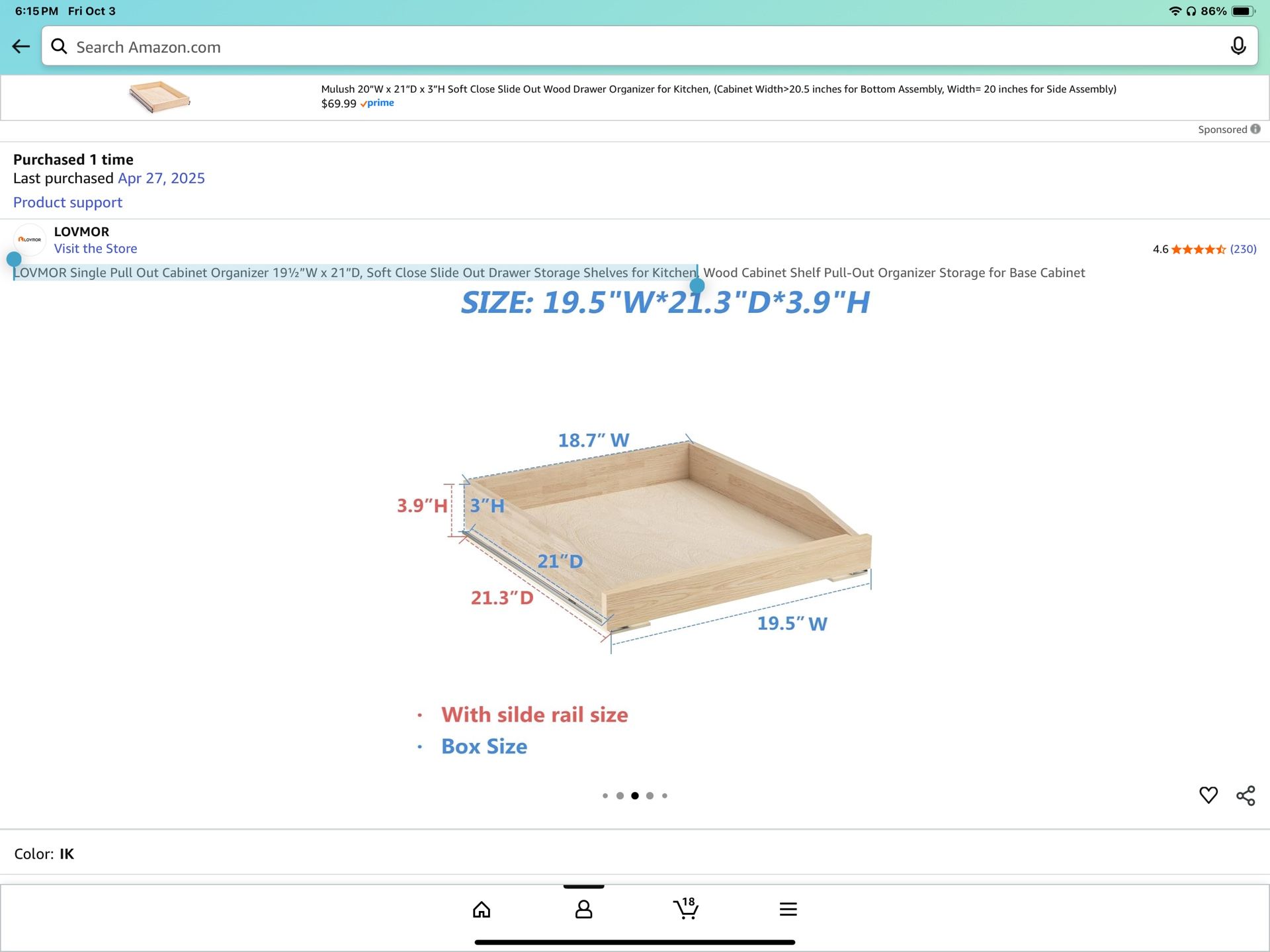 2 LOVMOR Single Pull Out Cabinet Organizer 19½”W x 21”D, Soft Close Slide Out Drawer Storage Shelves for Kitchen