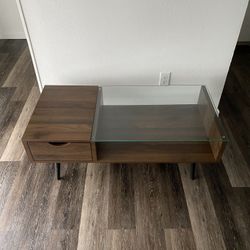 Walker Edison Montclair Mid Century Modern Two Toned 1 Drawer Coffee Table, 42 Inch, Dark Walnut and Glass