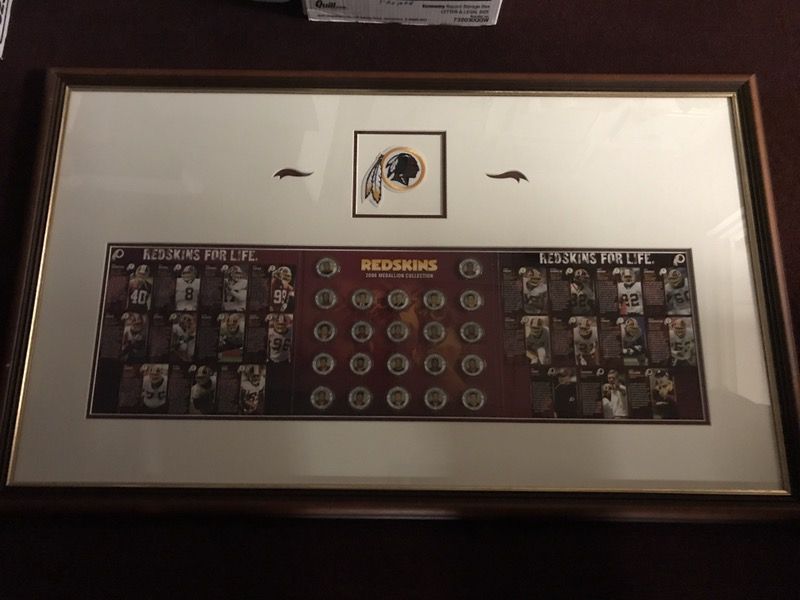Framed 2006 Washington Redskins Coin Medallion Set w/ Coach Gibbs and his Stars! Beautifully Mounted in White Matting w/ Redskins Embroidered Patch L