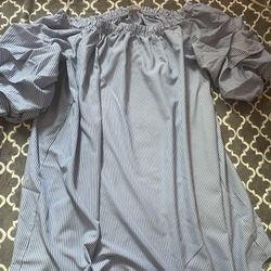 Love J Plus Size 2X Blue Pinstripe Off the Shoulder Ruffle Sleeve Dress