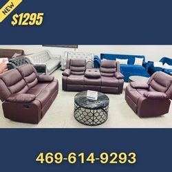 Brown Leather Recliner Sofa Loveseat Chair All 3pcs