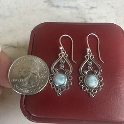 925 Sterling Silver w/ genuine Larimar dangle hook earrings , marked 925 on hooks , tested and guaranteed Sterling silver , beautiful earrings